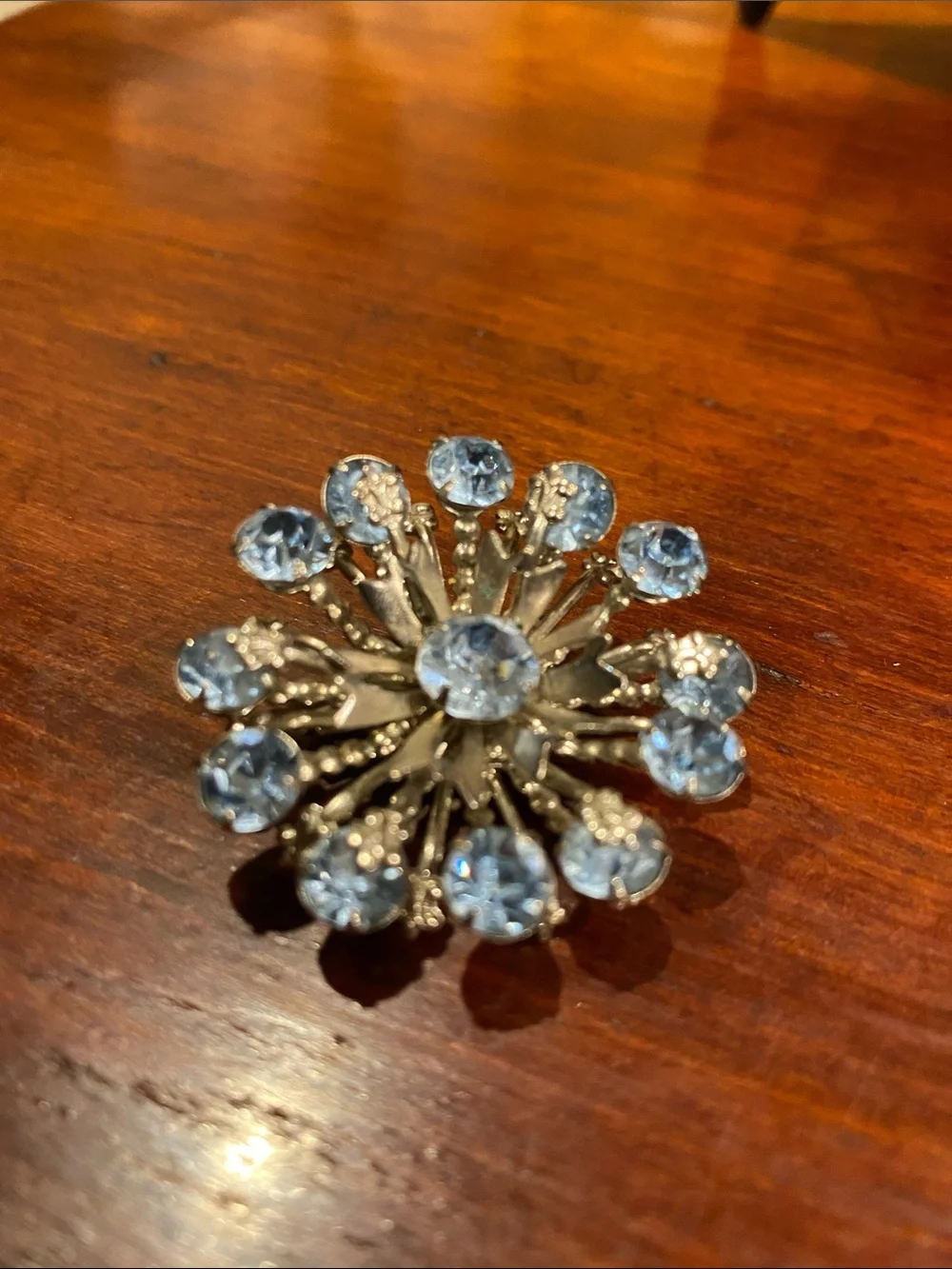 Silver-Tone Vintage Tiered Blue Crystal Floral Burst Brooch